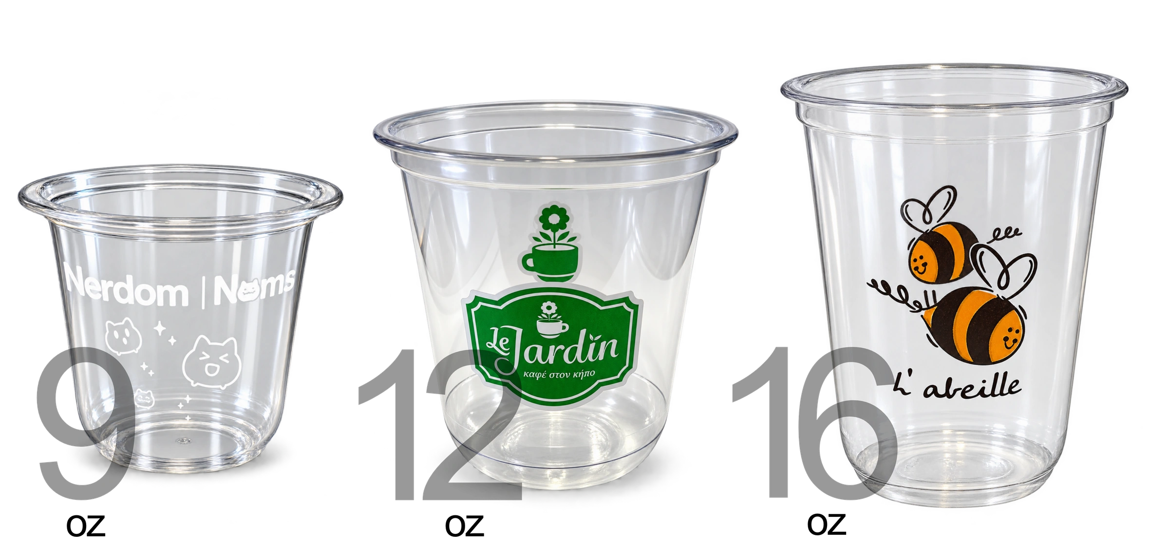 PET plastic cups — 9 oz, 12 oz and 16 oz